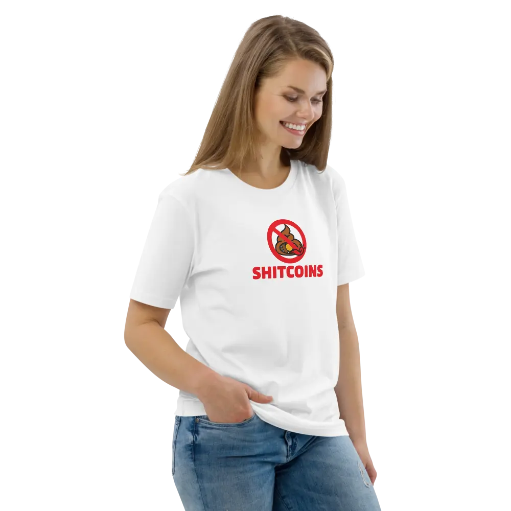 Bitcoin T-Shirt – Shitcoins - worn on female model - smile