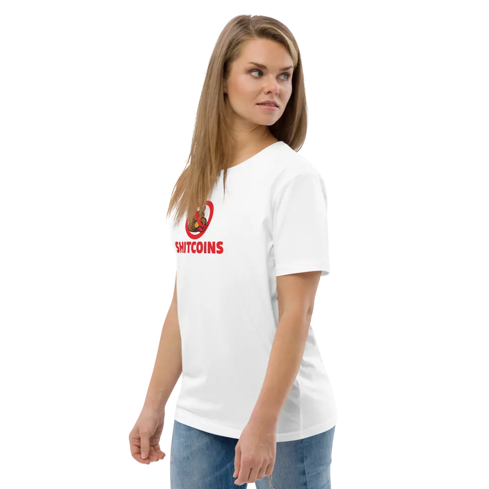 Bitcoin T-Shirt – Shitcoins - worn on female model - white - side view