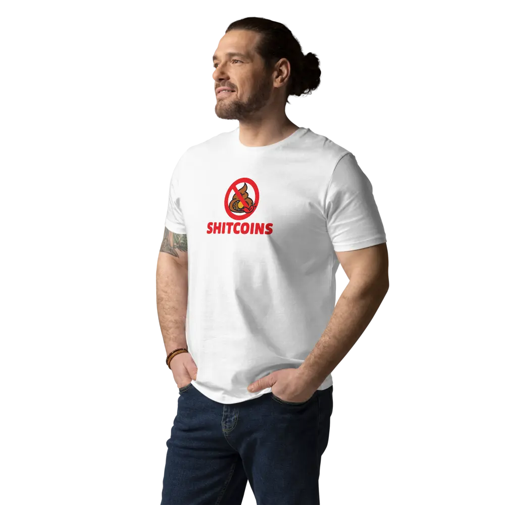 Bitcoin T-Shirt – Shitcoins - worn on male model - white