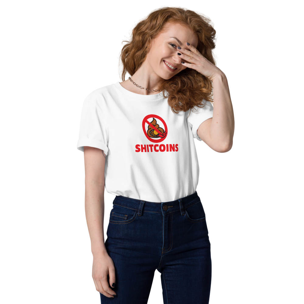 Bitcoin T-Shirt – Shitcoins | Store of Value — worn on standing female model - white 