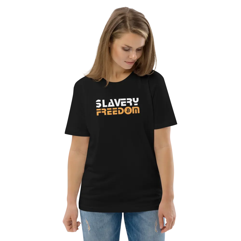 Bitcoin T-Shirt – Slavery Freedom - worn on model