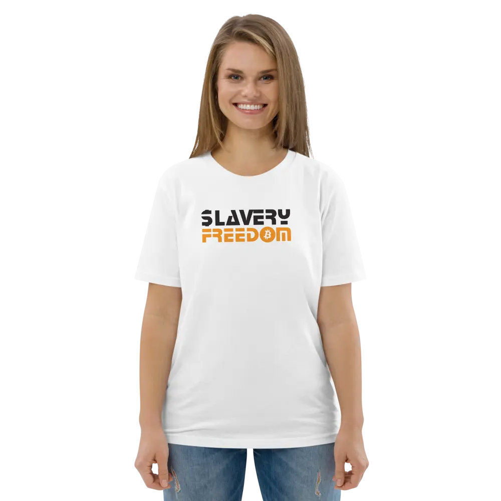 Bitcoin T-Shirt – Slavery Freedom - worn on model - female