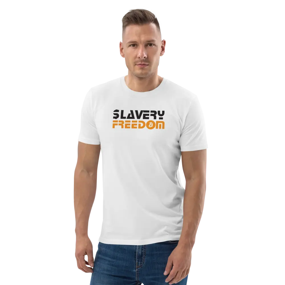 Bitcoin T-Shirt – Slavery Freedom - worn on model - male - white 
