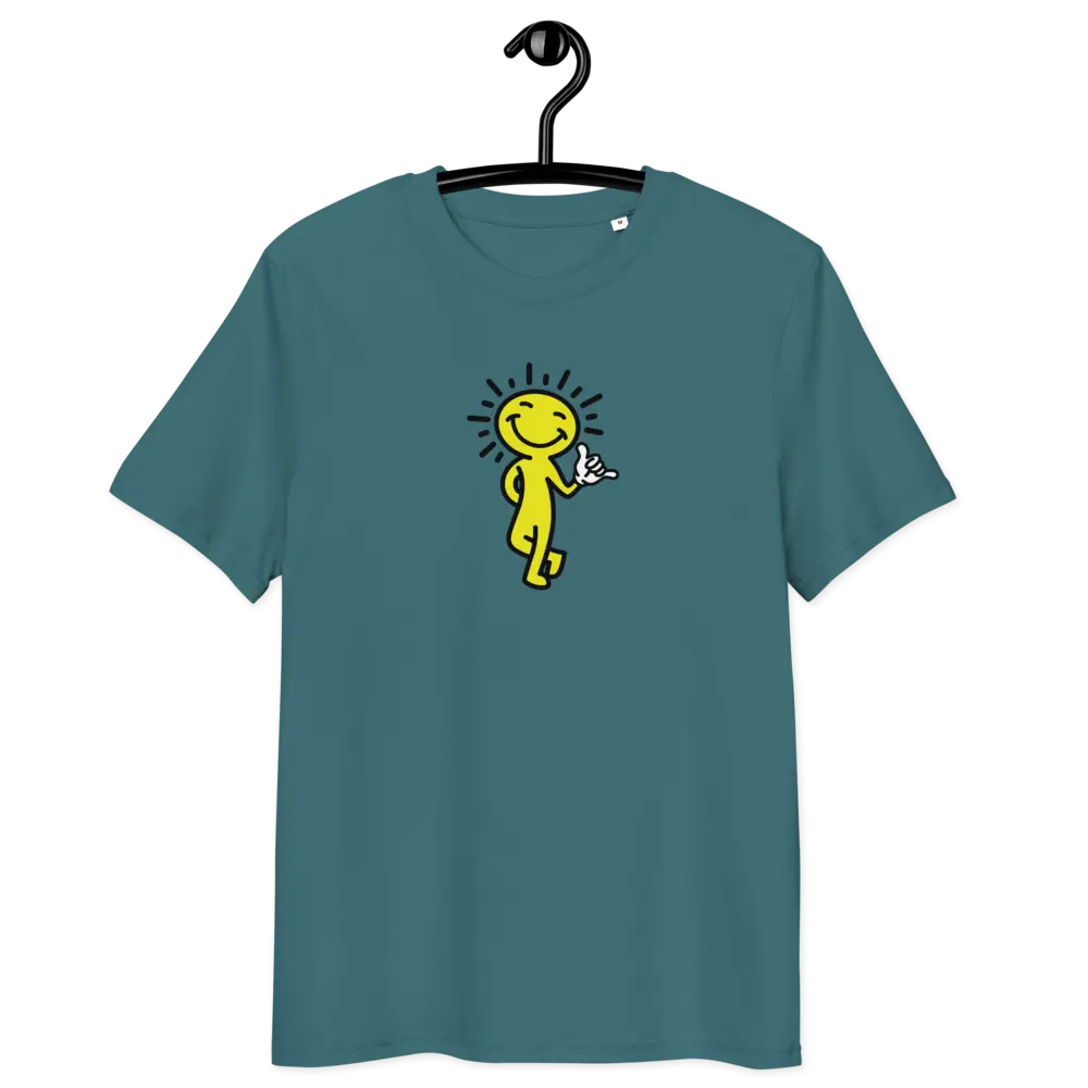 smiling sun t-shirt - front view on hanger - stargazer blue color