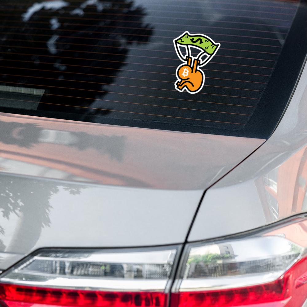 bitcoin sticker - soft landing - on car view
