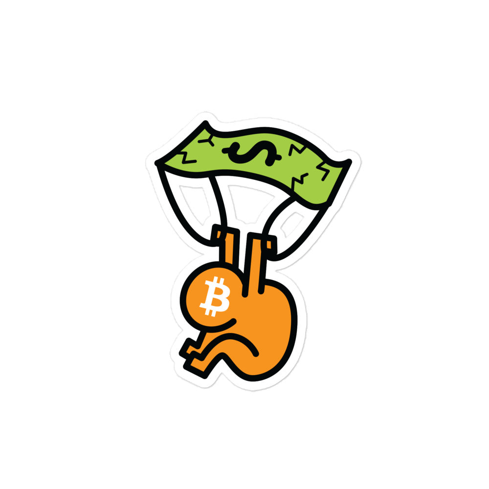 bitcoin sticker - soft landing - front view - medium