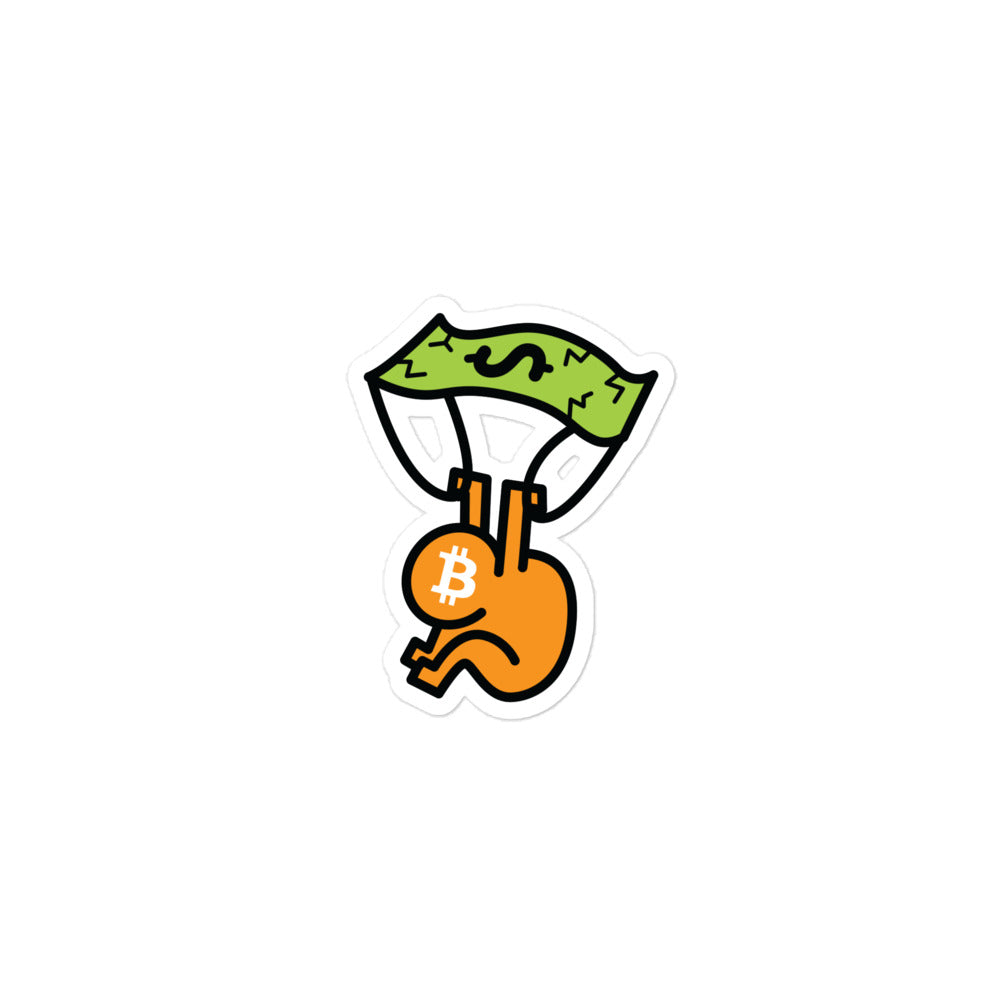 bitcoin sticker - soft landing - front view - small