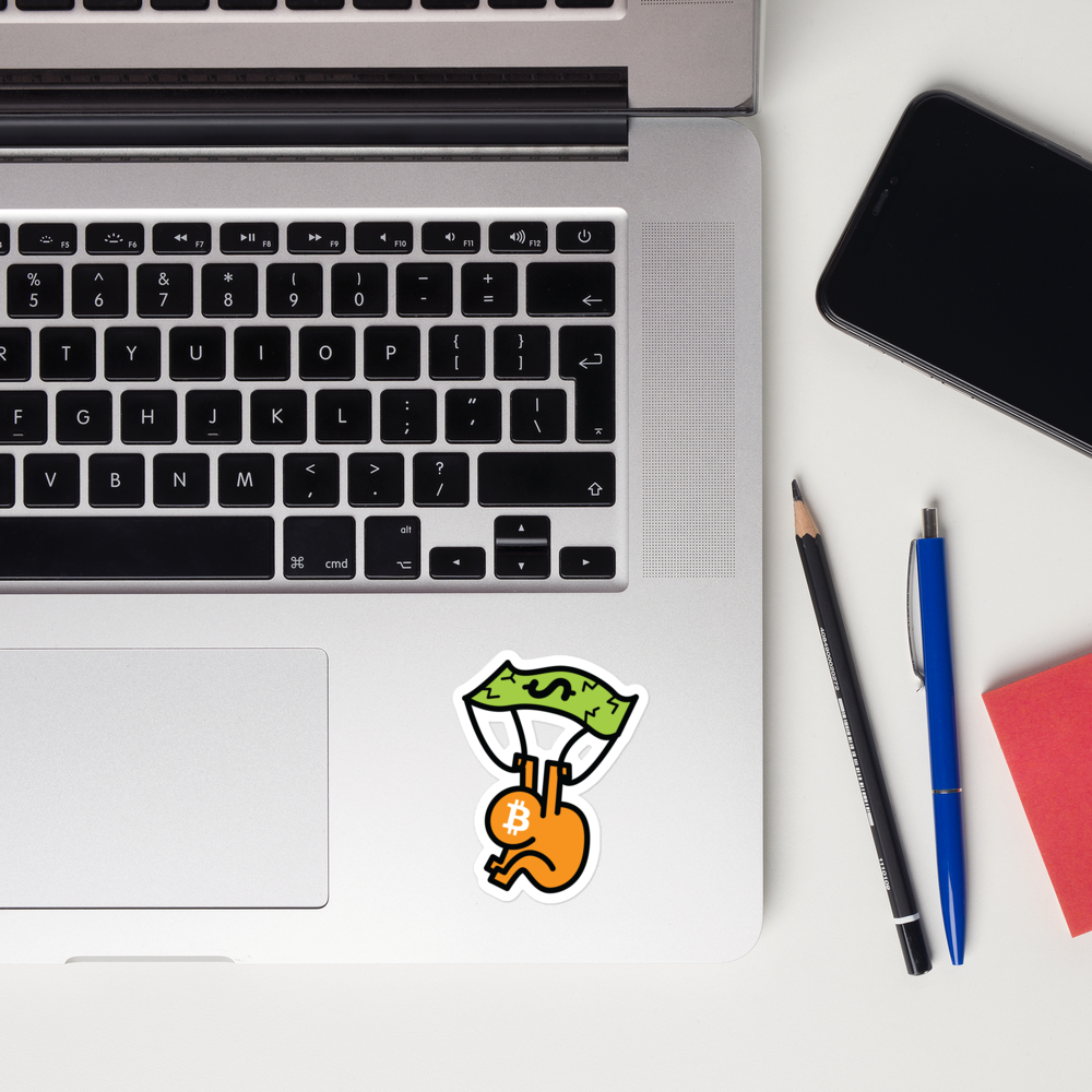 bitcoin sticker - soft landing - laptop detail view