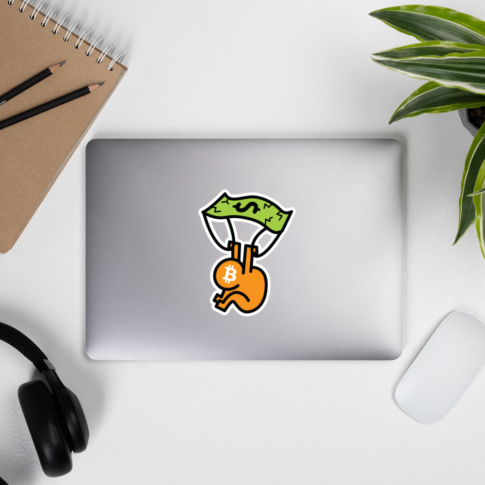 bitcoin sticker - soft landing - laptop view