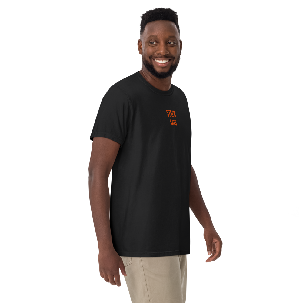 bitcoin t-shirt - stack sats - embroidery close-up - orange