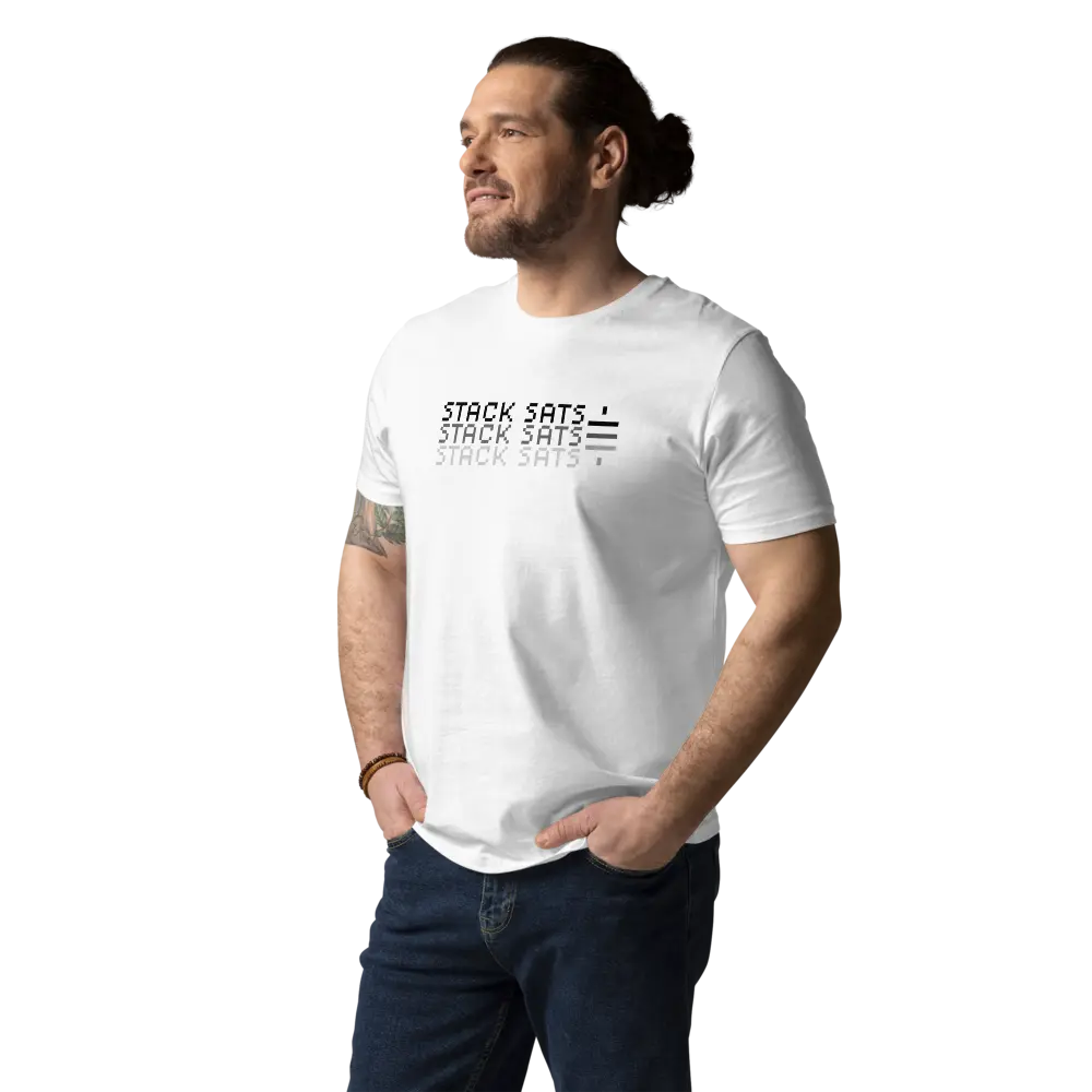 Bitcoin T-Shirt – Stack Sats - worn on model — white