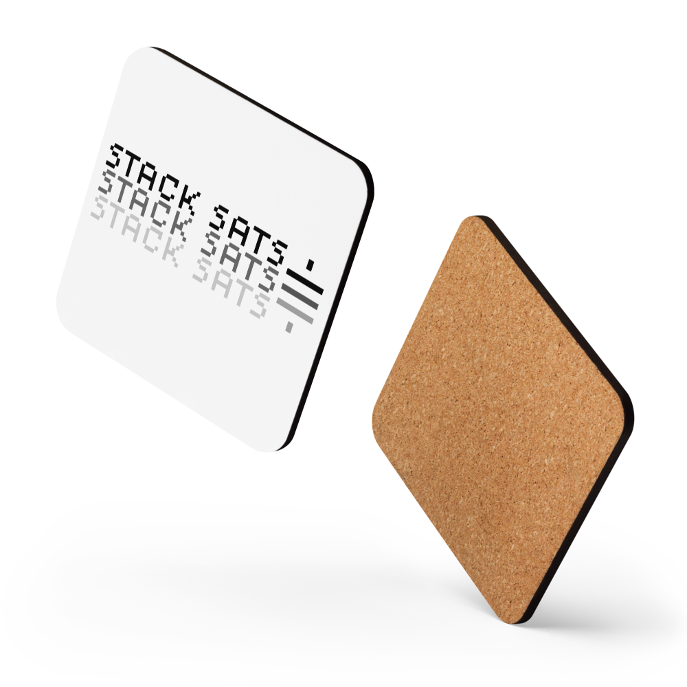 Stack Sats Black Bitcoin coaster by BitPopArt – floating product shot