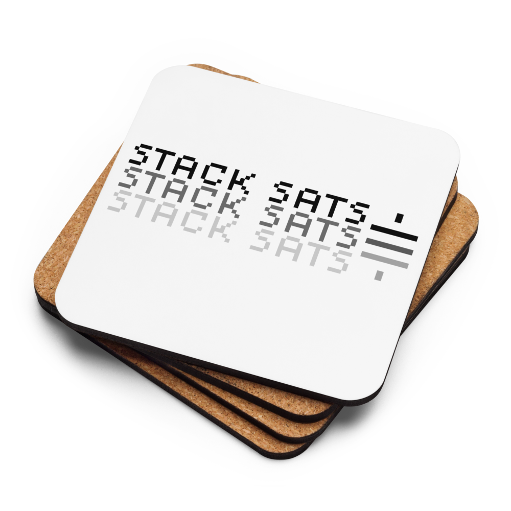 Stack Sats Black Bitcoin coaster by BitPopArt – stacked with cork back
