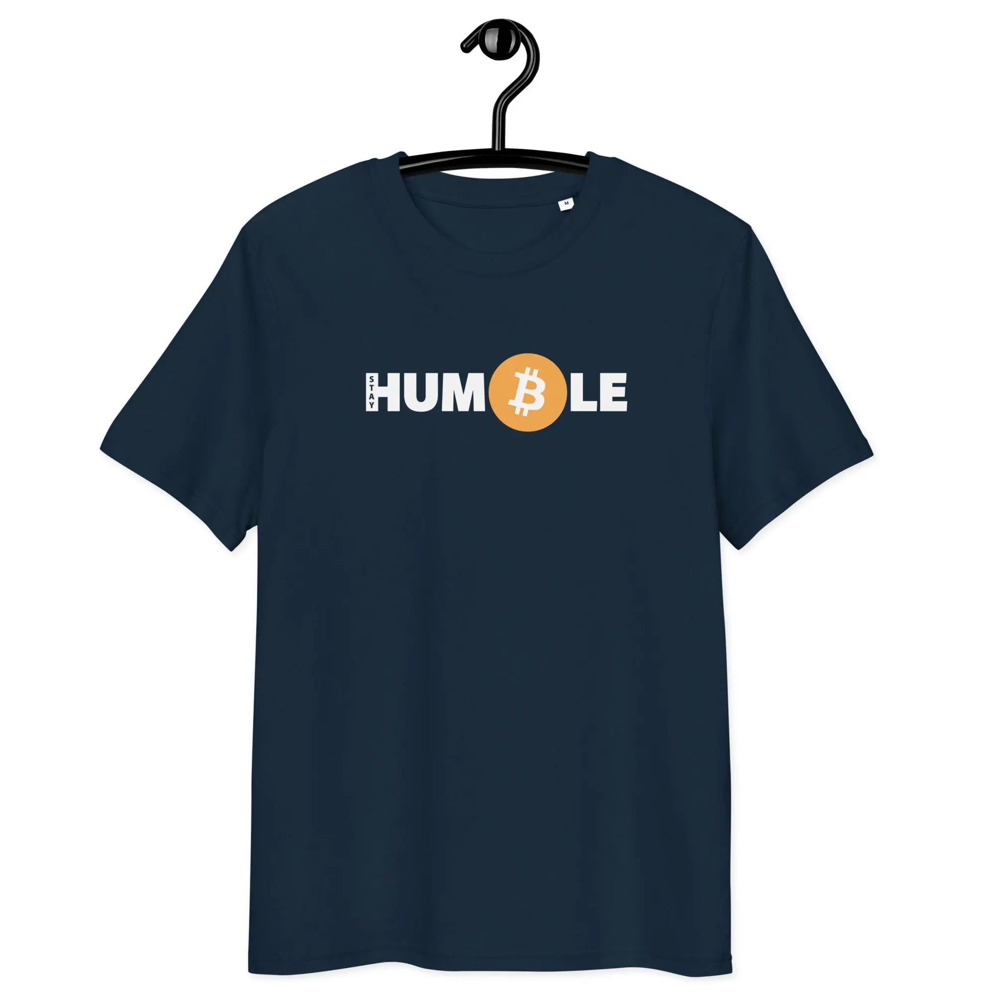Bitcoin T-Shirt – Stay Humble - on hanger - navy