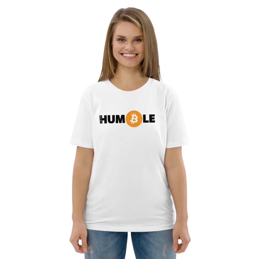 Bitcoin T-Shirt – Stay Humble - worn on model - front