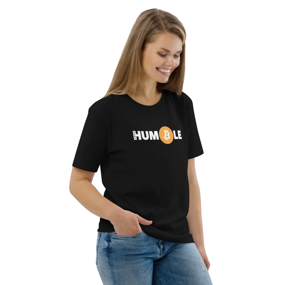 Bitcoin T-Shirt – Stay Humble - worn on model - female smile