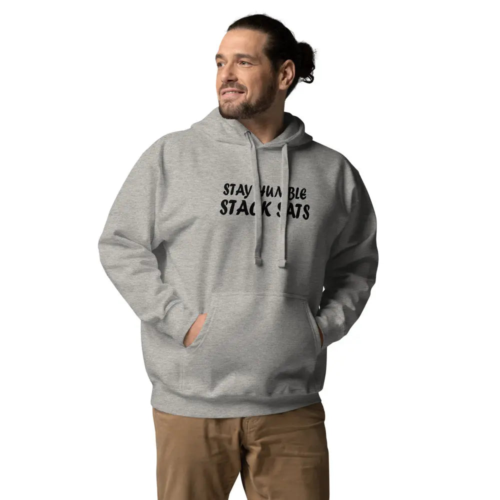 bitcoin hoodie - stay humble stack sats - worn by male model - grey