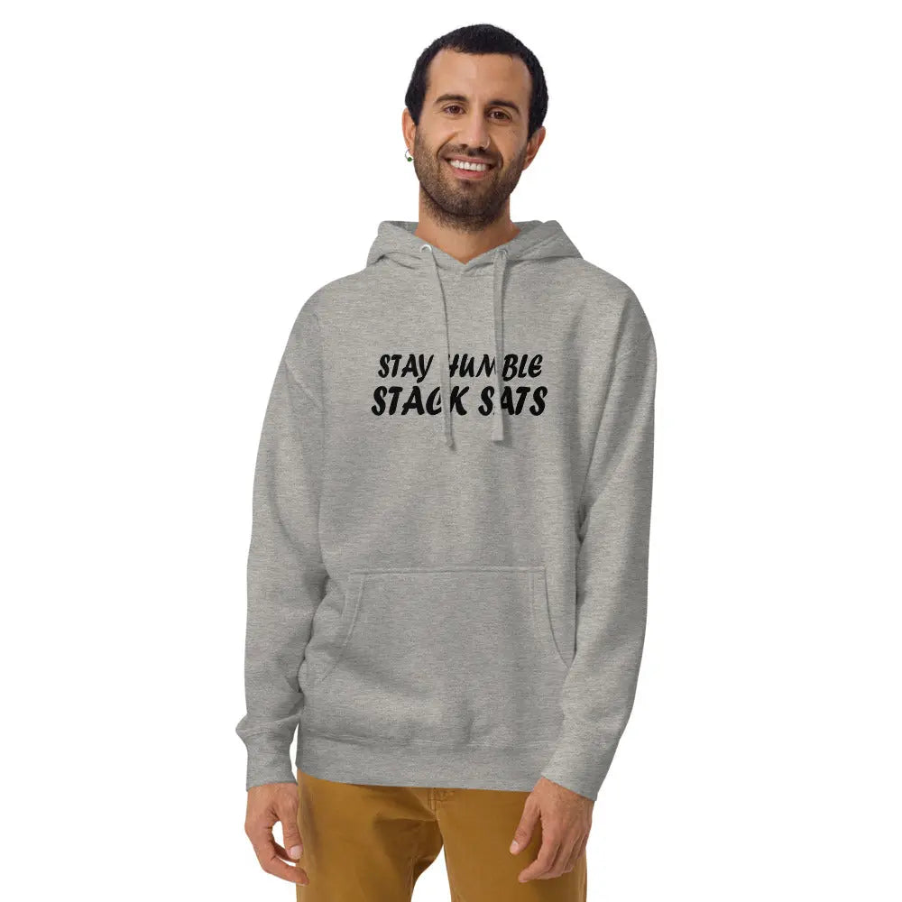 bitcoin hoodie - stay humble stack sats - worn by male model