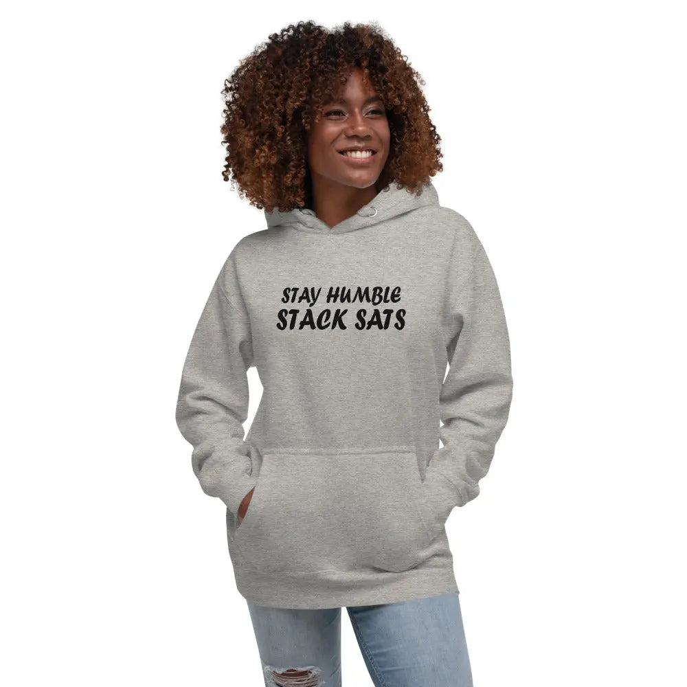 bitcoin hoodie - stay humble stack sats - worn by model