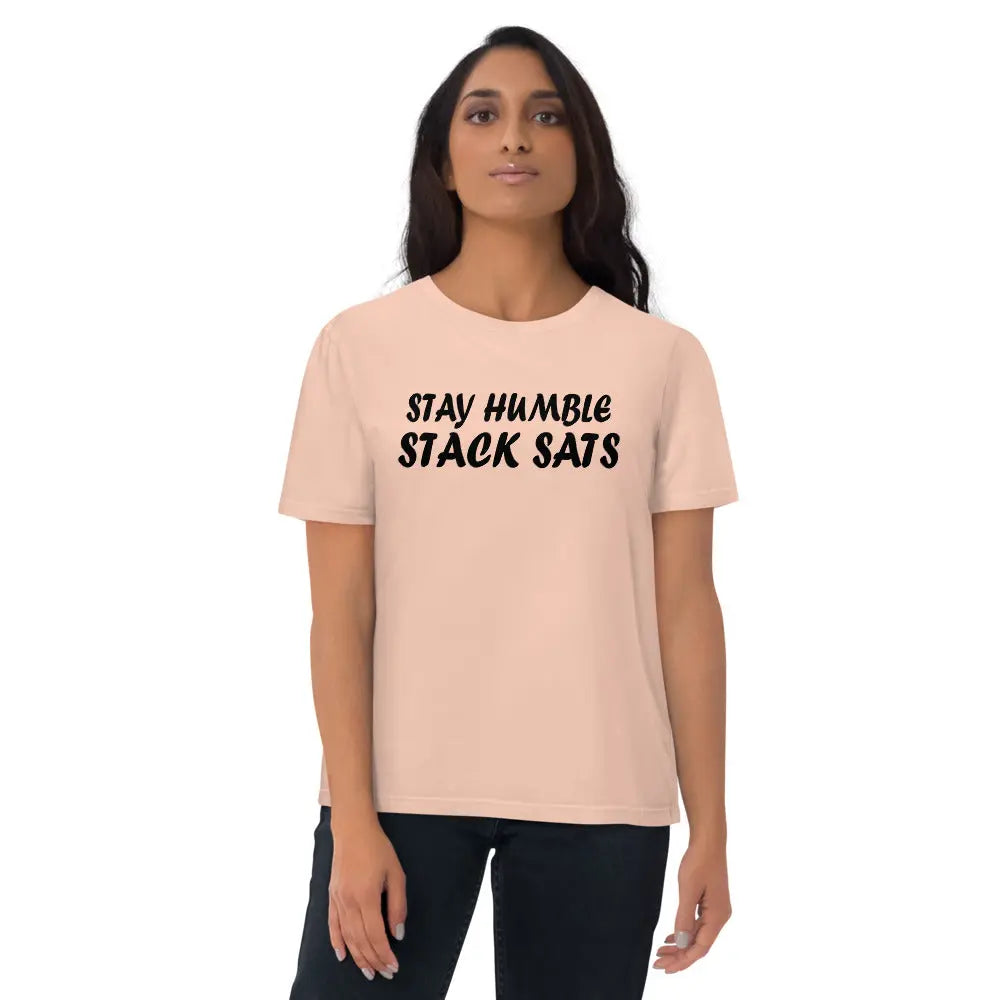 Bitcoin T-Shirt – Stay Humble Stack Sats - worn on female model — pink