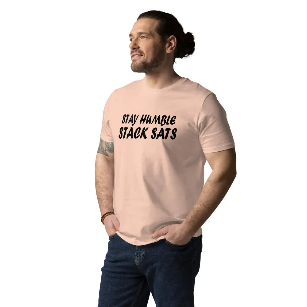 Bitcoin T-Shirt – Stay Humble Stack Sats - worn on male model — pink