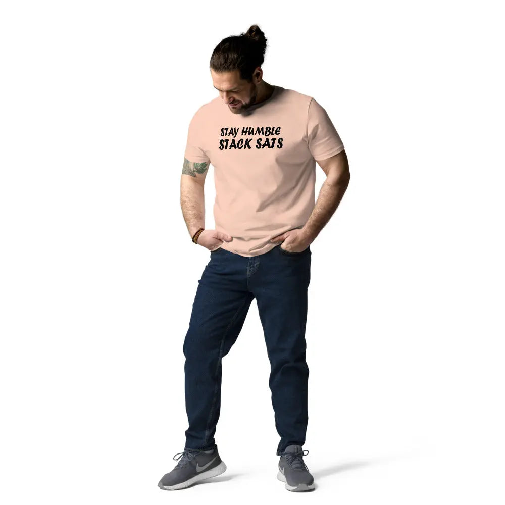 Bitcoin T-Shirt – Stay Humble Stack Sats - worn on model - pink