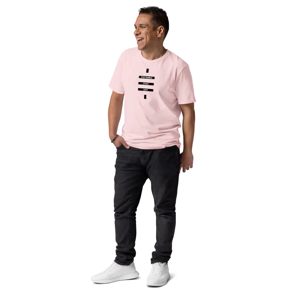 Bitcoin T-Shirt – Stay Humble Stack Sats - worn on male model