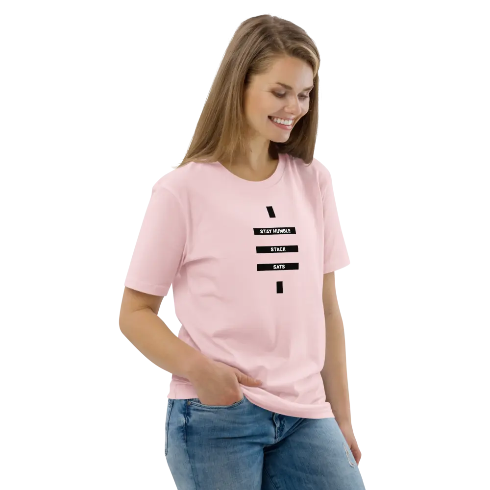 Bitcoin T-Shirt – Stay Humble Stack Sats - worn on model - pink