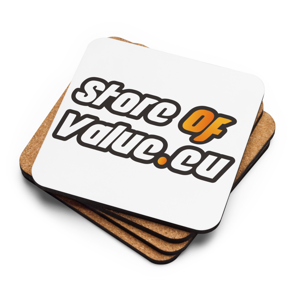 Store of Value.eu Bitcoin coaster stack with cork backs and one face up