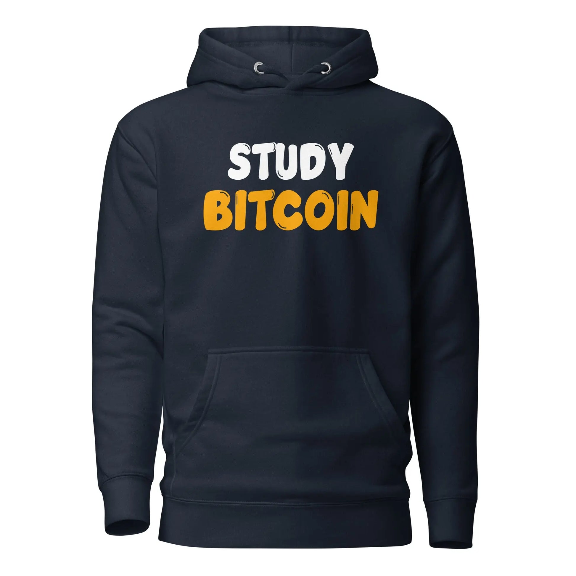 bitcoin hoodie - study bitcoin - front view - navy blue