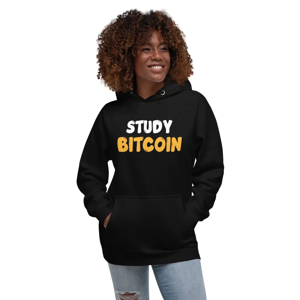 bitcoin hoodie - study bitcoin - worn on female model - black