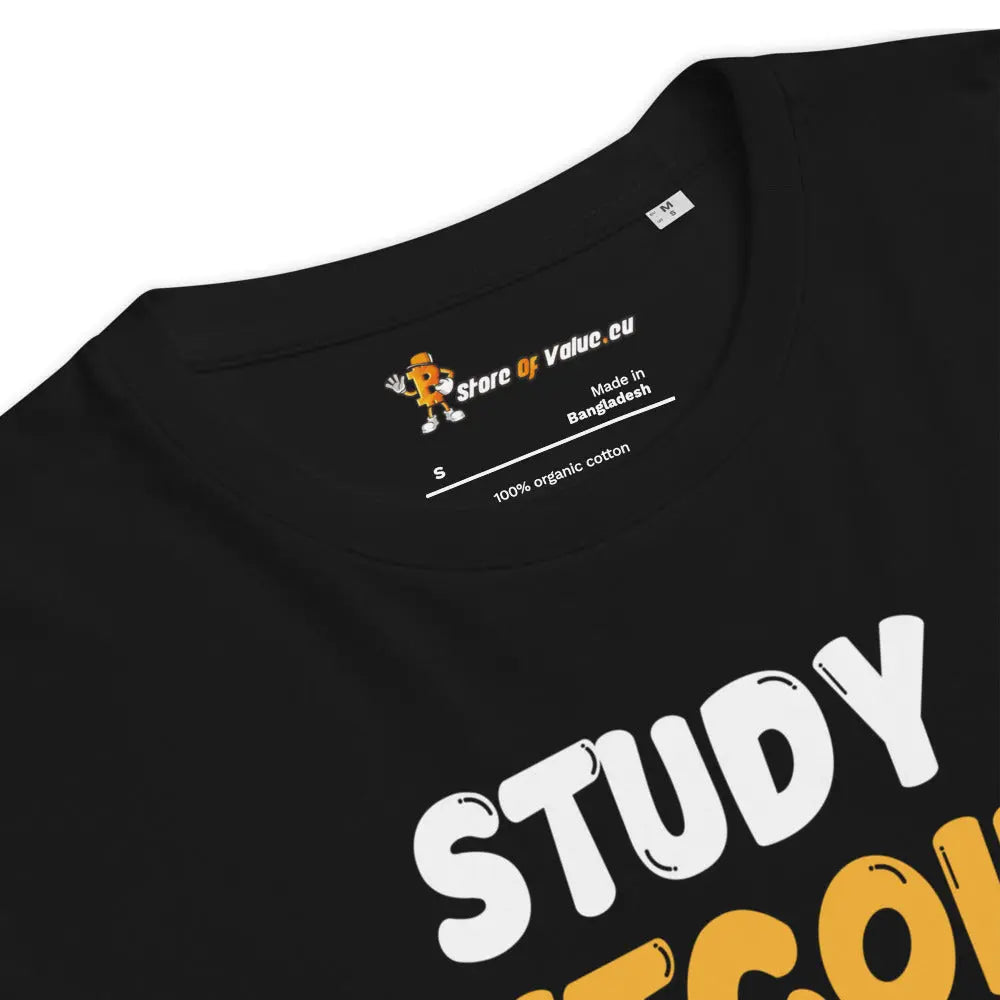 Bitcoin T-Shirt – Study Bitcoin - design close-up — text detail - black