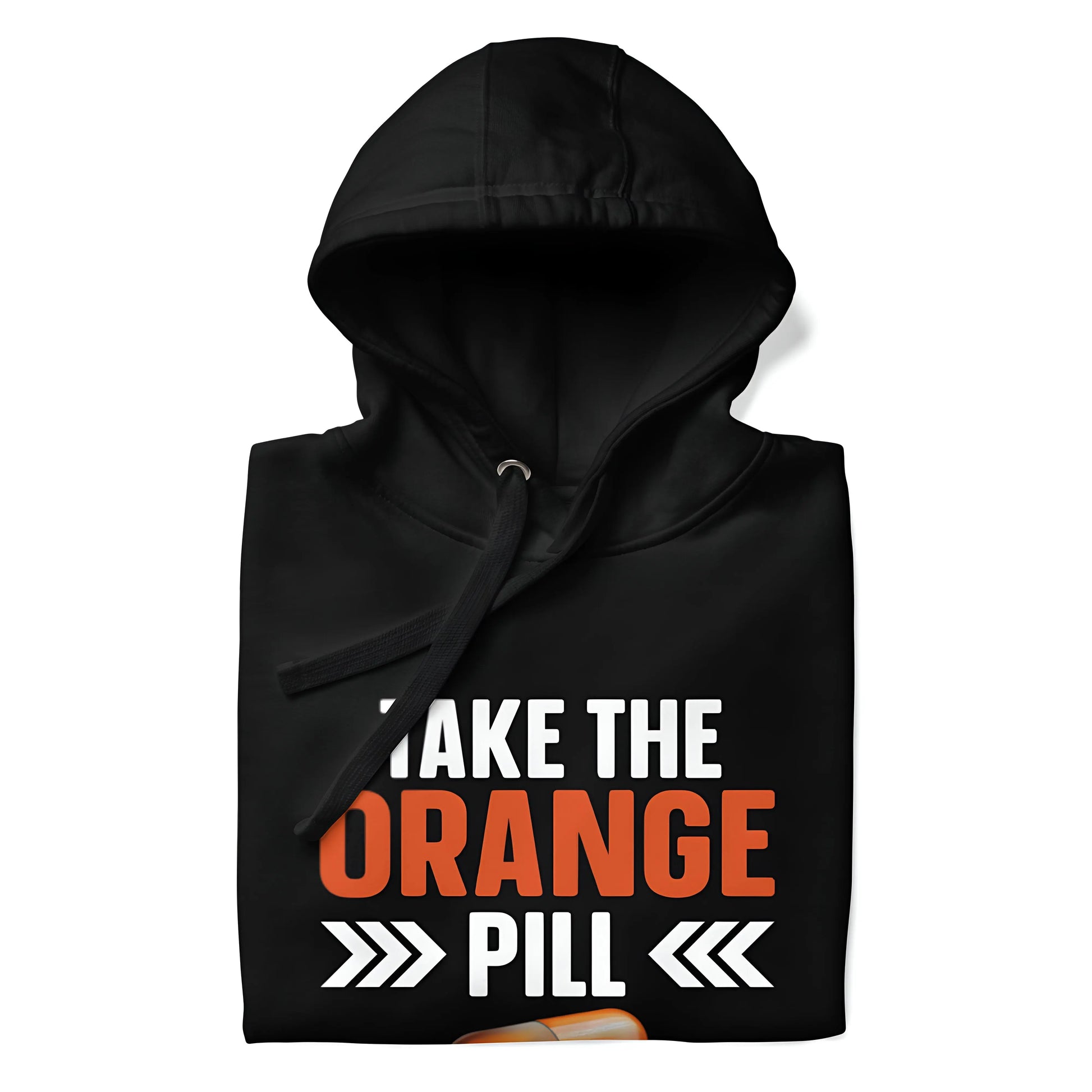 bitcoin hoodie - take the orange pill - design close-up - black