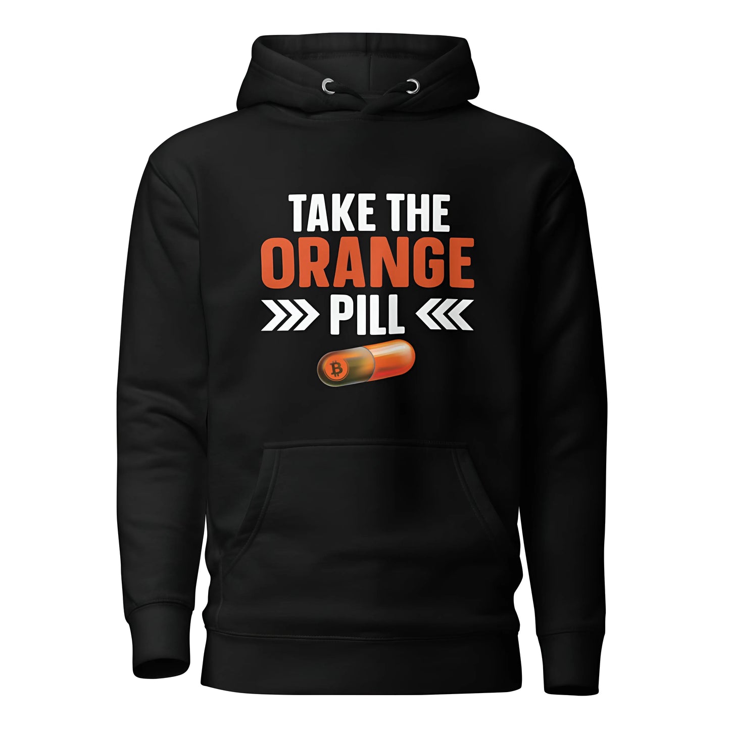 bitcoin hoodie - take the orange pill - front view - black