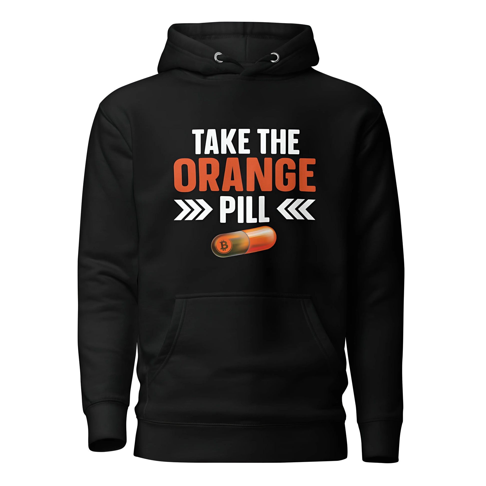 bitcoin hoodie - take the orange pill - front view - black