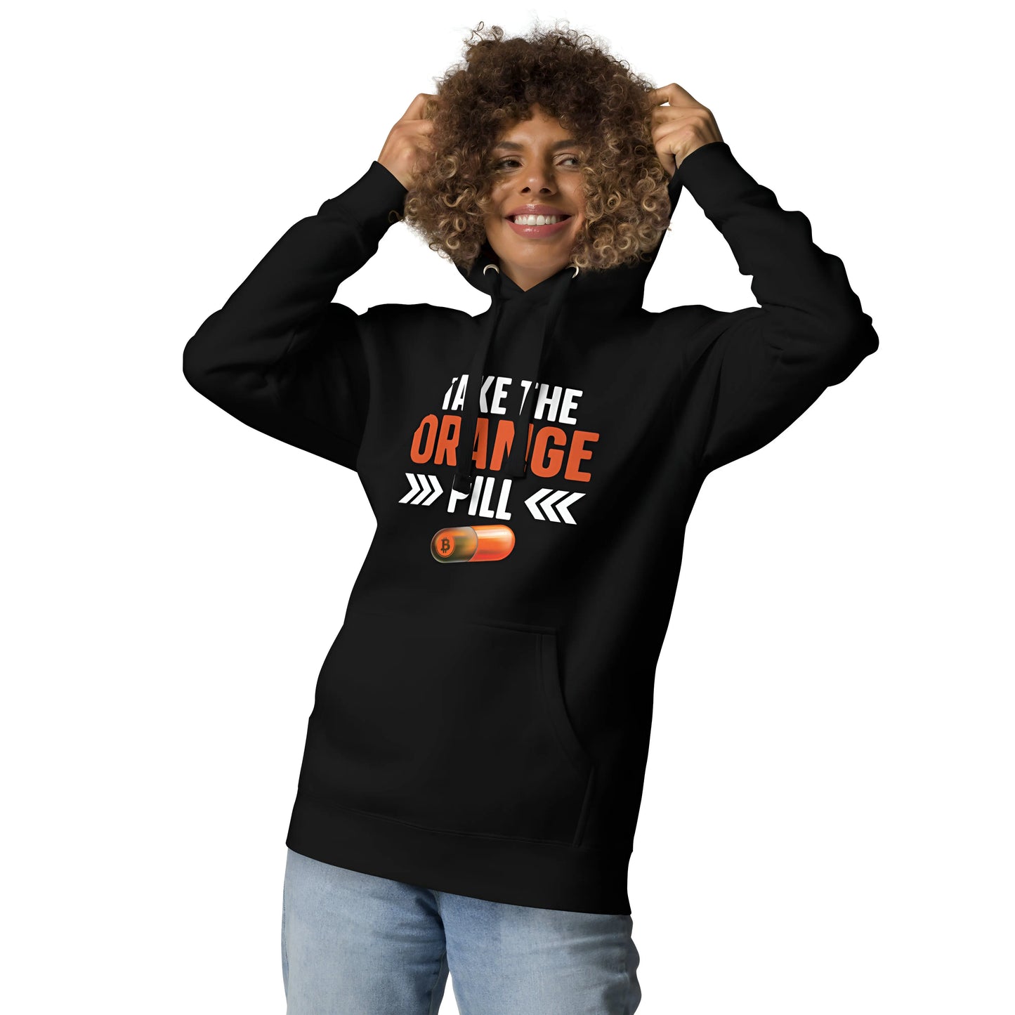 bitcoin hoodie - take the orange pill - worn on model - black