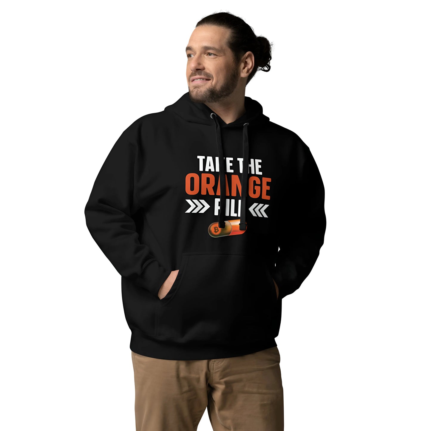 bitcoin hoodie - take the orange pill - worn on model