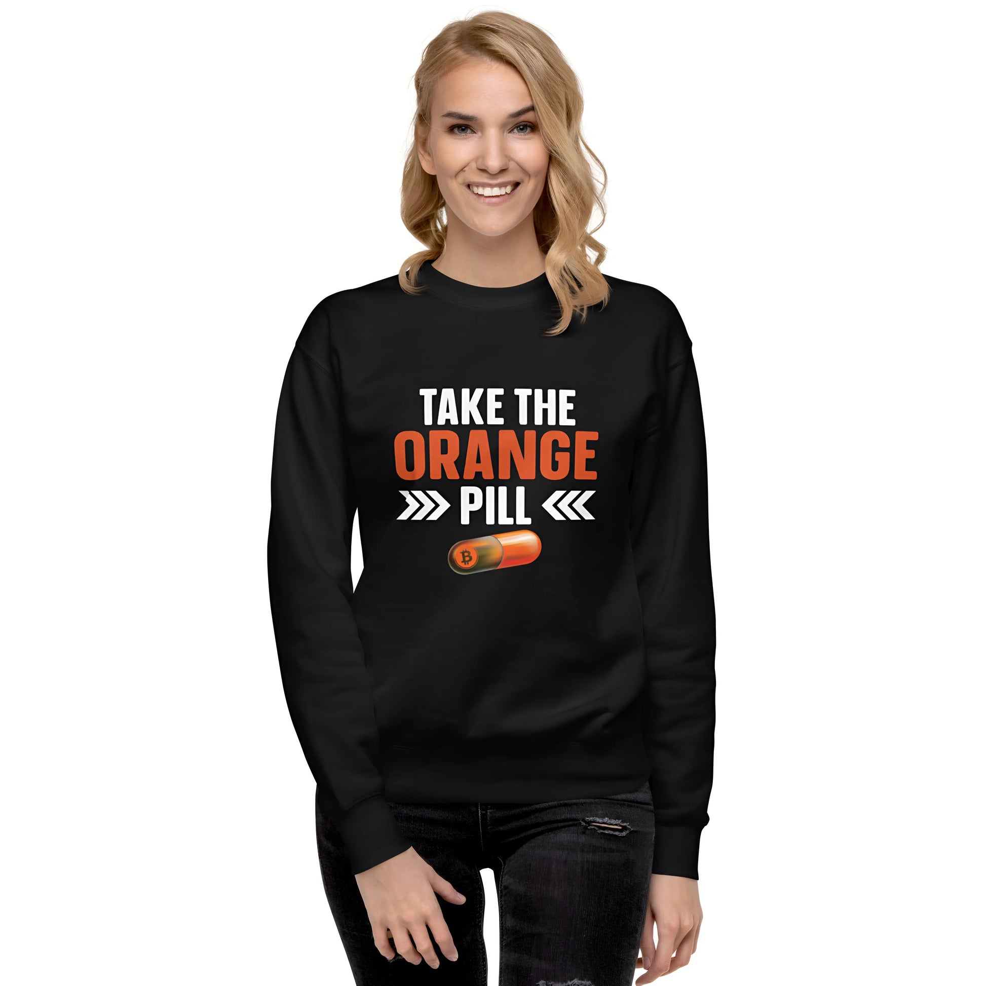 bitcoin sweatshirt - take the orange pill - worn by female - black color