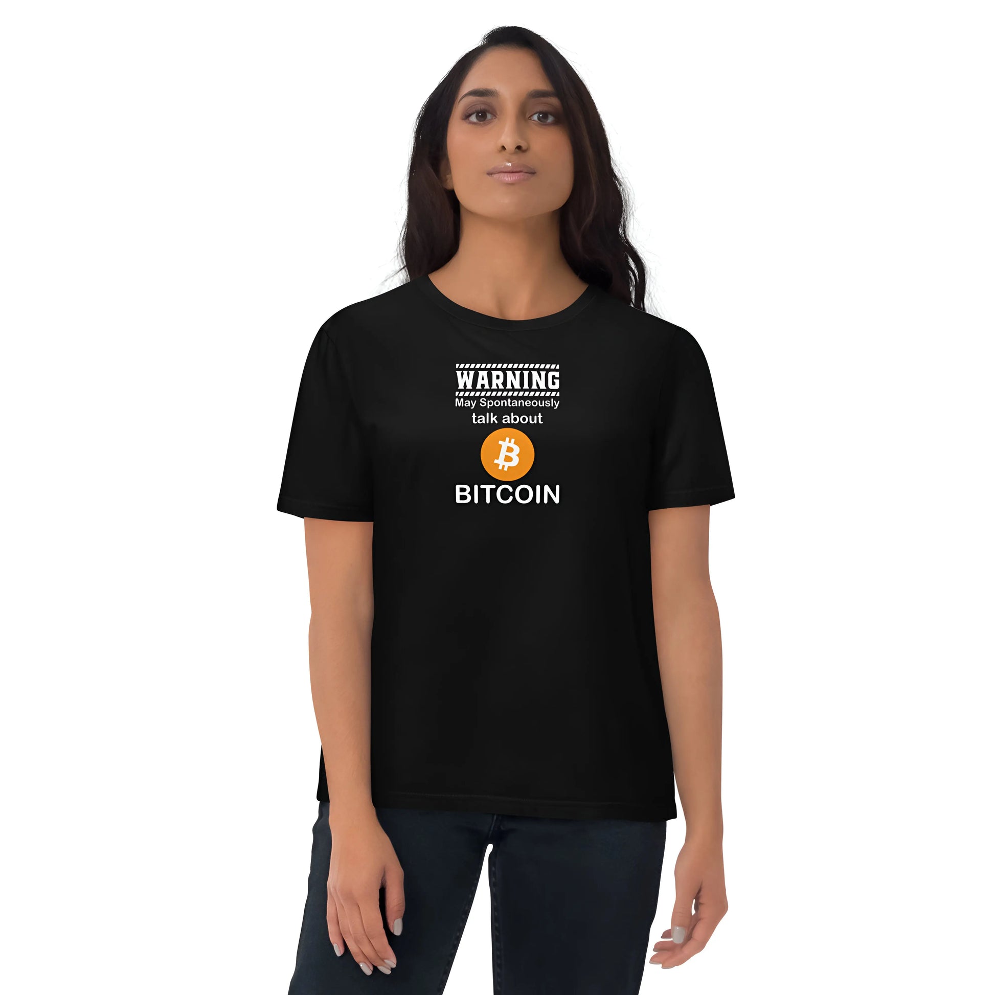 bitcoin t-shirt talk about bitcoin - worn on model - black