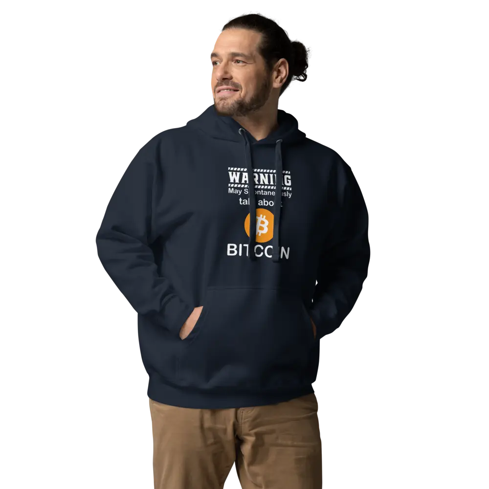bitcoin hoodie - talk about bitcoin - worn by male model 