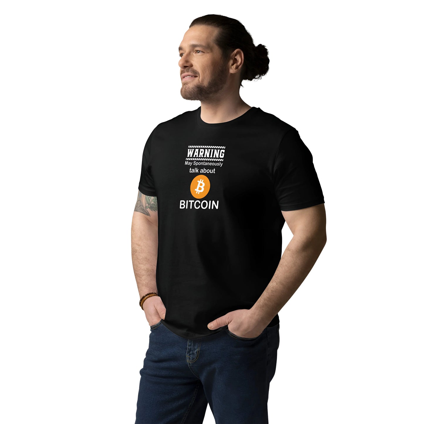 bitcoin t-shirt - talk about bitcoin - worn on male model - black