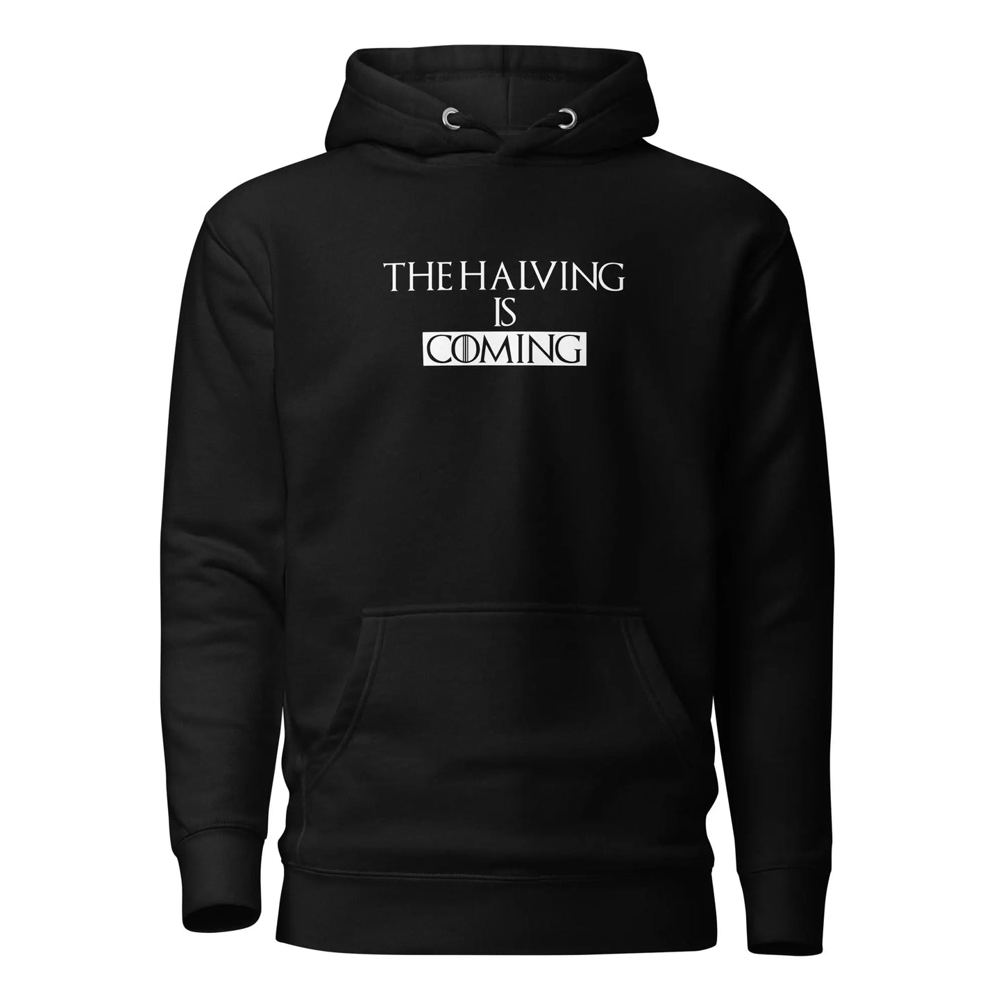 bitcoin hoodie - the halving is coming - front view - black