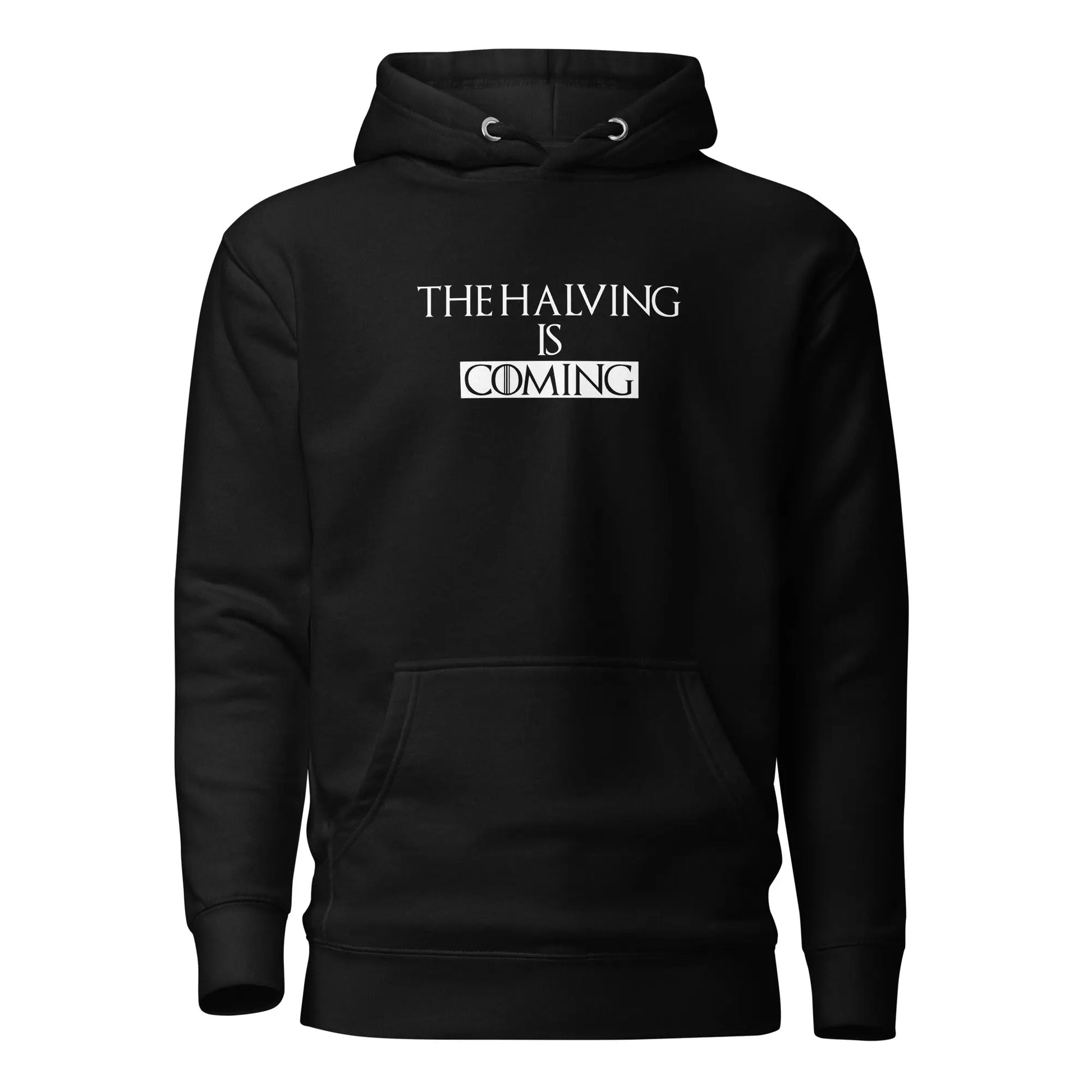 bitcoin hoodie - the halving is coming - front view - black