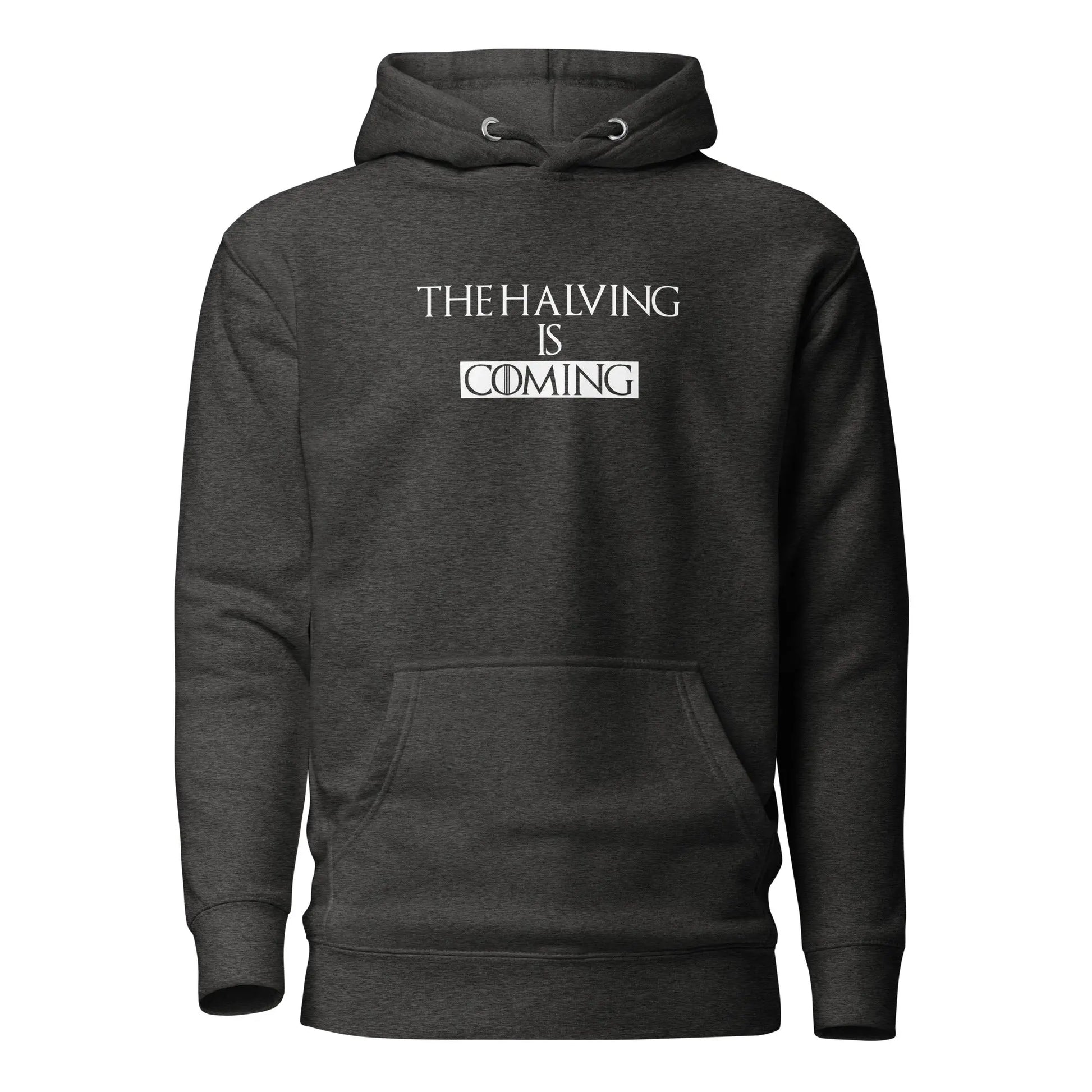 bitcoin hoodie - the halving is coming - front view - grey