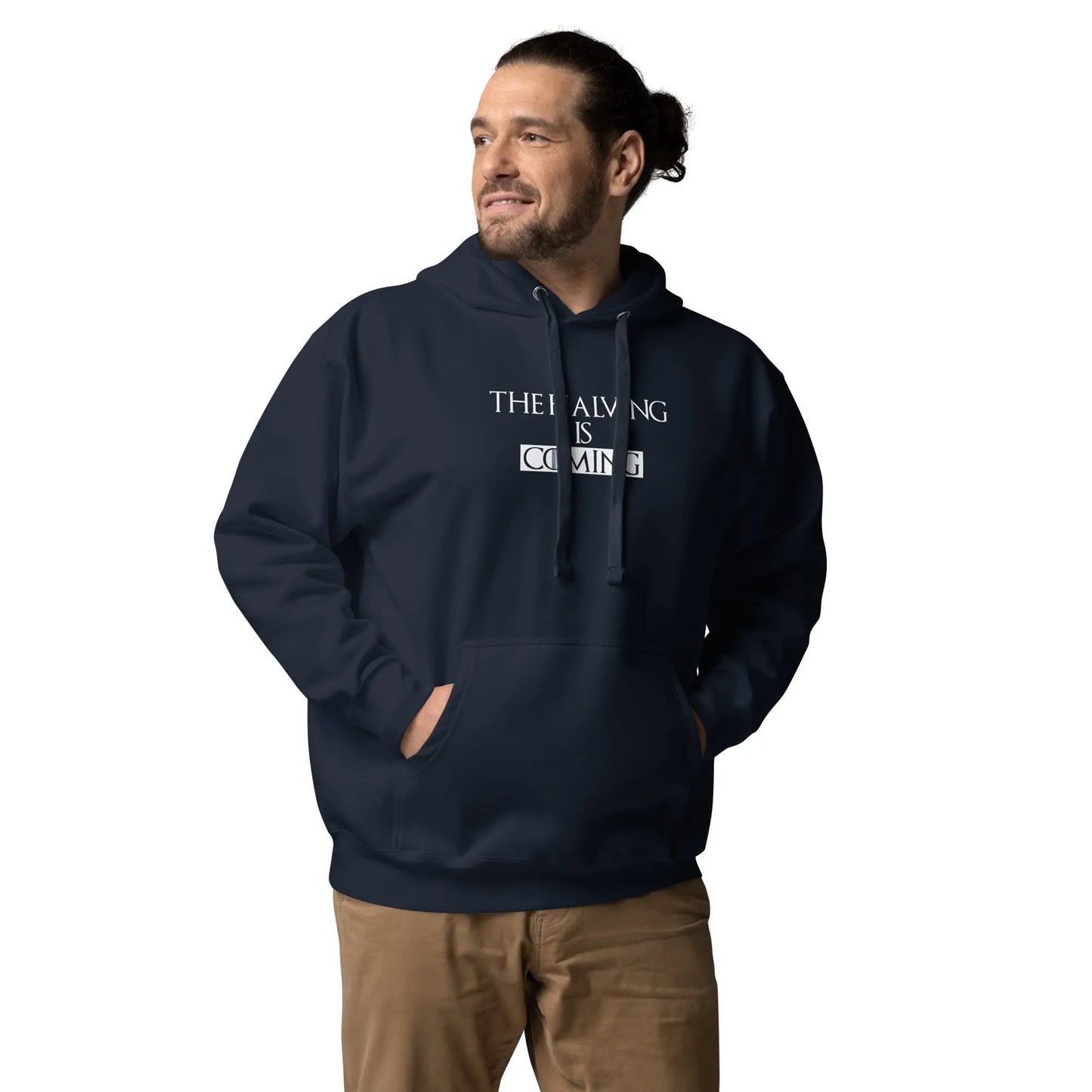 bitcoin hoodie - the halving is coming - worn on model - navy blue