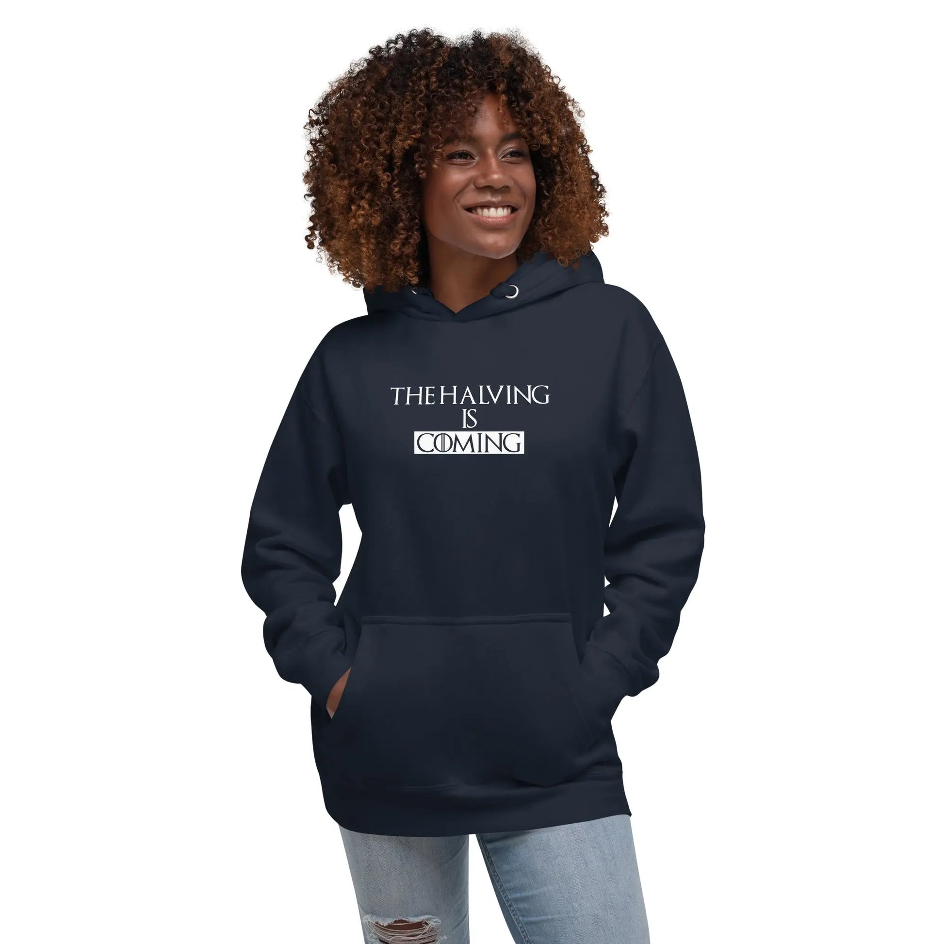 bitcoin hoodie - the halving is coming - worn on model 