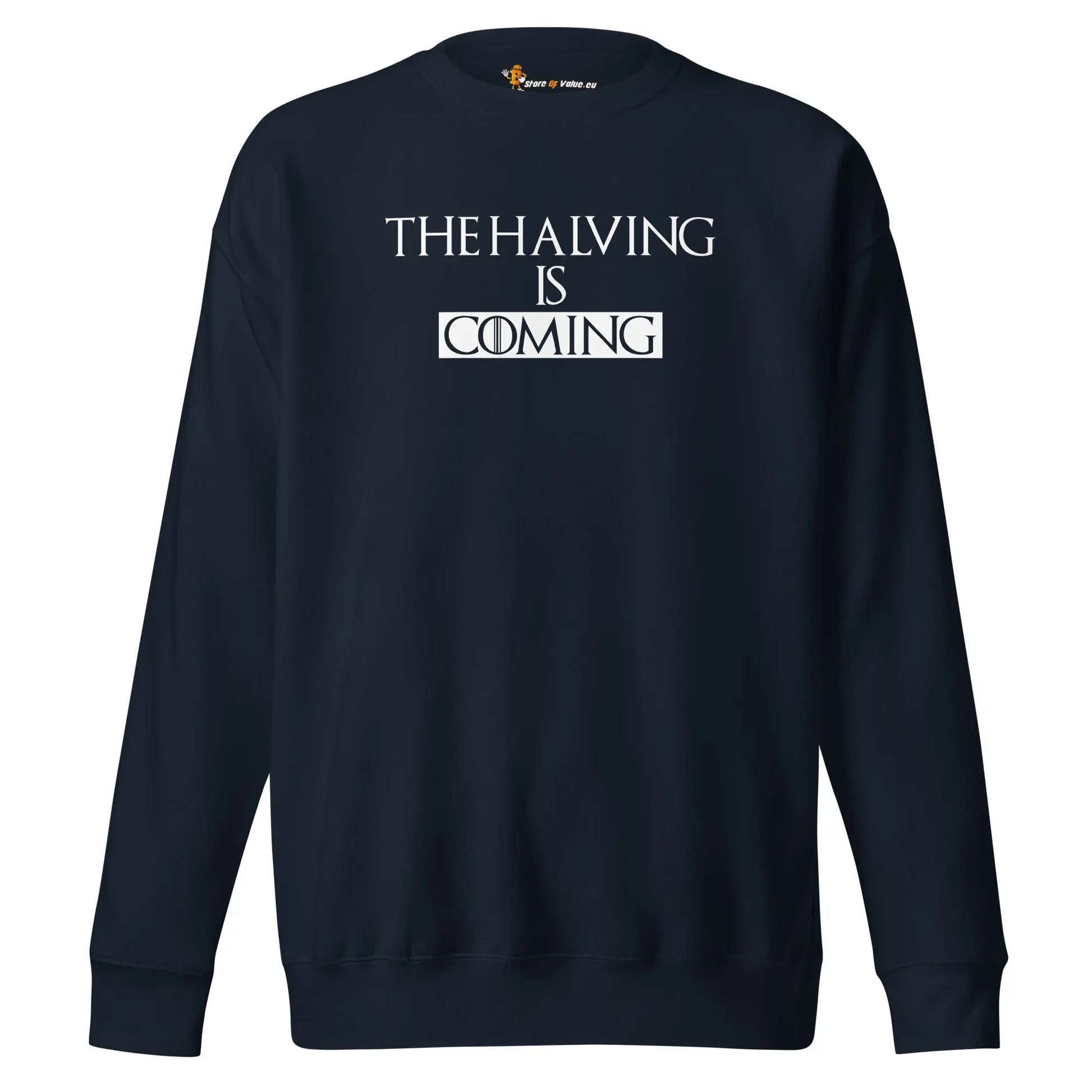 bitcoin sweatshirt - the halving is coming - front view - navy blue