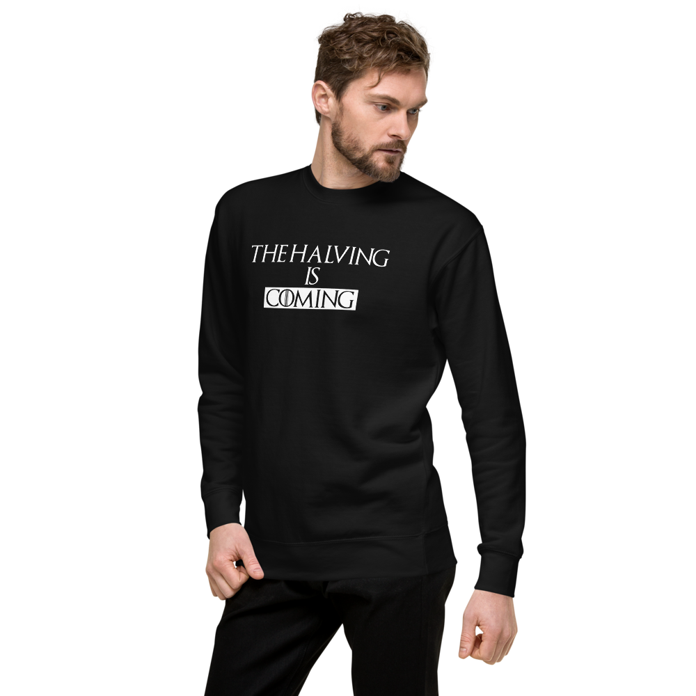 bitcoin sweatshirt - the halving is coming - worn by male model - black color
