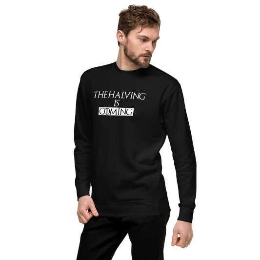 bitcoin sweatshirt - the halving is coming - worn by male model - black color