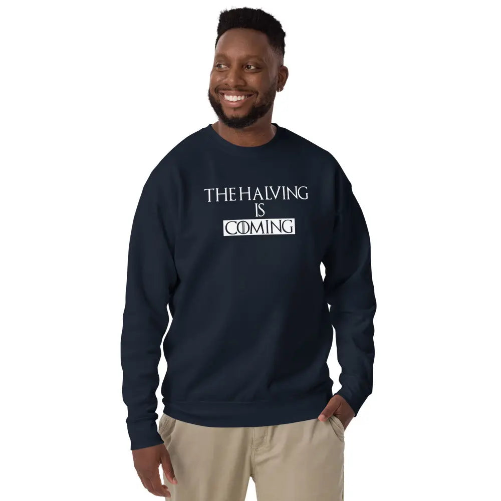 bitcoin sweatshirt - the halving is coming - worn by male model - navy blue